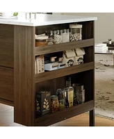 Kitchen island with 2 drawers, iron feet, island storage table with dining table, coffee station and microwave rack for home, dining room, marble and