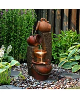 LuxenHome Rustic Resin Pots and Posts Outdoor Fountain