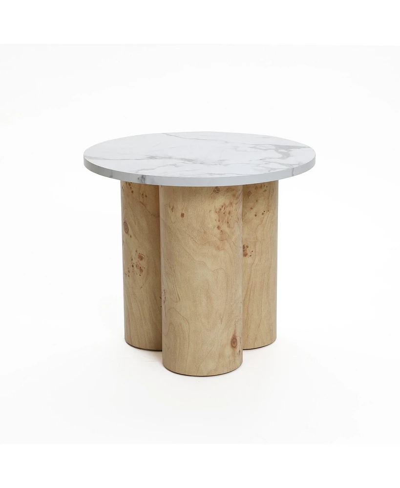 LuxenHome Burl Wood Finish Manufactured Wood 17.7-Inch Tall Round End and Side Table with Faux Marble Top