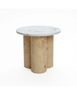 LuxenHome Burl Wood Finish Manufactured Wood 17.7-Inch Tall Round End and Side Table with Faux Marble Top