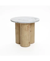 LuxenHome Burl Wood Finish Manufactured Wood 17.7-Inch Tall Round End and Side Table with Faux Marble Top