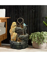 LuxenHome Puppy Rock Tower Farmhouse Resin Outdoor Fountain with Lights