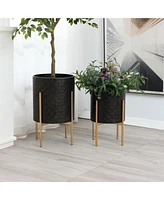 LuxenHome Set of 2 Black Floral Stamped Metal Cachepot Planters