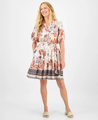 julia jordan Women's Printed Puff-Sleeve Tie-Waist Dress