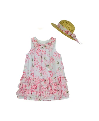 Blueberi Boulevard Baby Girls Ruffle Trim Floral Tent Dress Straw Hat Set