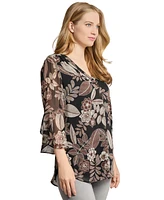 Jones New York Women's Floral-Print Bell-Sleeve Top