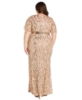 R & M Richards Plus Sequin Embellished Flutter-Sleeve Gown