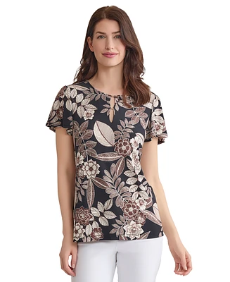 Jones New York Women's Printed Embellished-Neck Flutter-Sleeve Top
