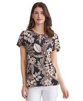 Jones New York Womens Printed Embellished Neck Flutter Sleeve Top Xs Pxl