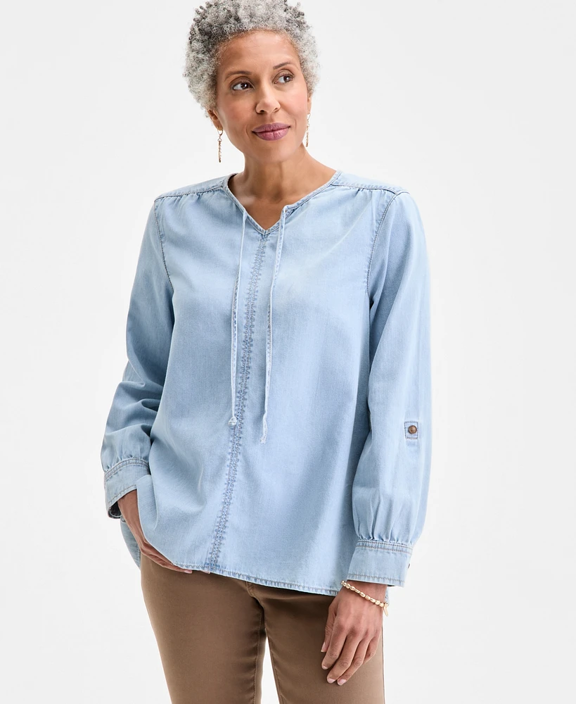 Style & Co Women's Cotton Denim Split-Neck Popover Top, Exclusively at Macy's