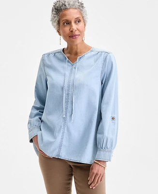 Style & Co Women's Cotton Denim Split-Neck Popover Top, Exclusively at Macy's