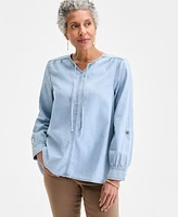 Style & Co Women's Cotton Denim Split-Neck Popover Top, Exclusively at Macy's