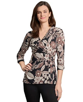 Jones New York Women's Printed D-Ring 3/4-Sleeve Top