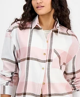 Just Polly Juniors' Girlfriend Frayed-Hem Plaid Shirt
