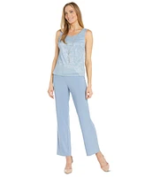 R & M Richards Women's Metallic Jacket, Necklace Top Pants Set