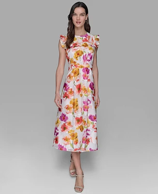 Karl Lagerfeld Paris Petite Floral-Print Flutter-Sleeve Midi Dress