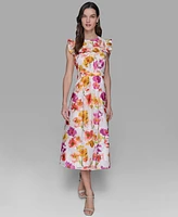 Karl Lagerfeld Paris Petite Floral-Print Flutter-Sleeve Midi Dress