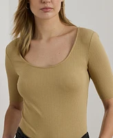 Lauren Ralph Women's Rib-Knit Cotton-Blend Elbow-Sleeve Tee