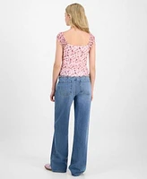 Madden Girl Juniors Printed Lace Cap Sleeve Top Celebrity Pink Baggy Wide Leg Curvy Jeans