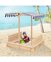Gymax Kids Wooden Sandbox with Canopy & Foldable Bench Seats