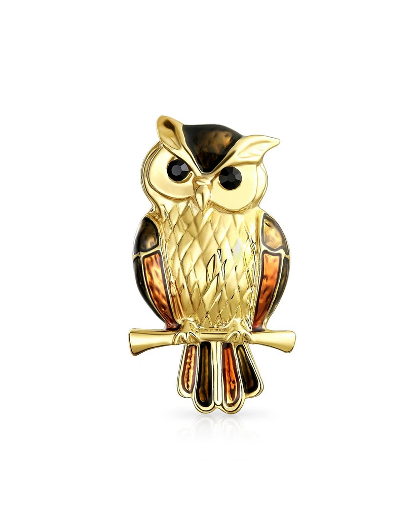Bling Jewelry Lucky Large Fashion Golden Brown Enamel Owl Brooch Pin on Branch Gold Plated