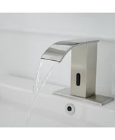 Battery Powered Touchless Single Hole Bathroom Faucet Motion Sensor Deck Mount With Drain Kit Brushed Nickel