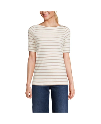 Lands' End Women's Tall Supima Cotton Elbow Sleeve Boatneck Button Shoulder Tee