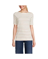 Lands' End Women's Tall Supima Cotton Elbow Sleeve Boatneck Button Shoulder Tee