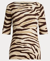 Lauren Ralph Women's Zebra-Print Stretch Cotton Boatneck Tee