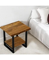 Industrial Solid Wood & Iron Square End Table with Lower Shelf