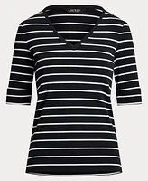 Lauren Ralph Women's Striped Cotton Elbow-Sleeve V-Neck Tee