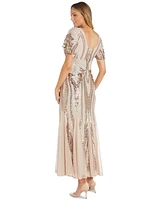 R & M Richards Petite Sequin Embellished Flutter-Sleeve Gown