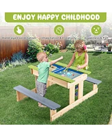 Gymax 3-in-1 Kids Picnic Table Outdoor Wooden Water Sand Table w/ Play Boxes