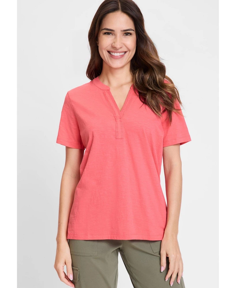 Olsen Women's Embroidered Split V-Neck T-Shirt