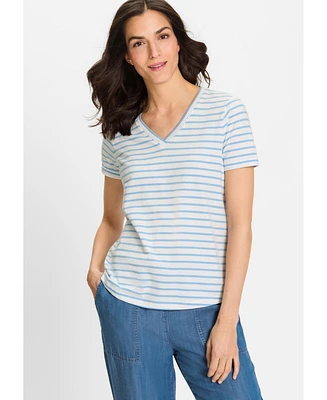 Olsen Women's Striped Embroidered Trim V-Neck Tee