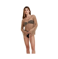 Flirtt Gottex Women's Rhinestone Lattice Long Sleeve Cover Up