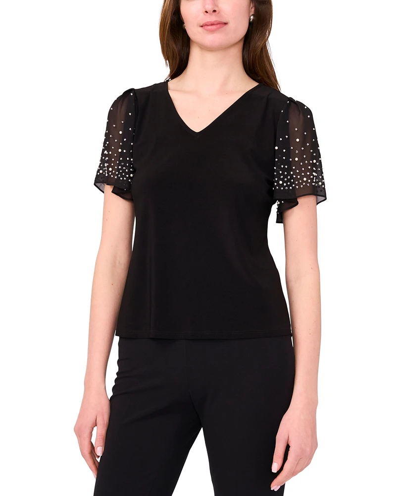 Msk Petite V-Neck Combo Short-Sleeve Evening Top