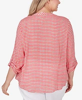 Ruby Rd. Plus Size Gingham Silky Henley Crew Neck Top