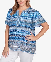 Ruby Rd. Plus Motif Stripe Embroidered Puff Print Top