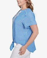 Ruby Rd. Plus Yarn Dye Stripe Embellished Tie Front Top