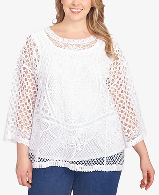 Ruby Rd. Plus Floral Blocked Crochet Crew Neck Top