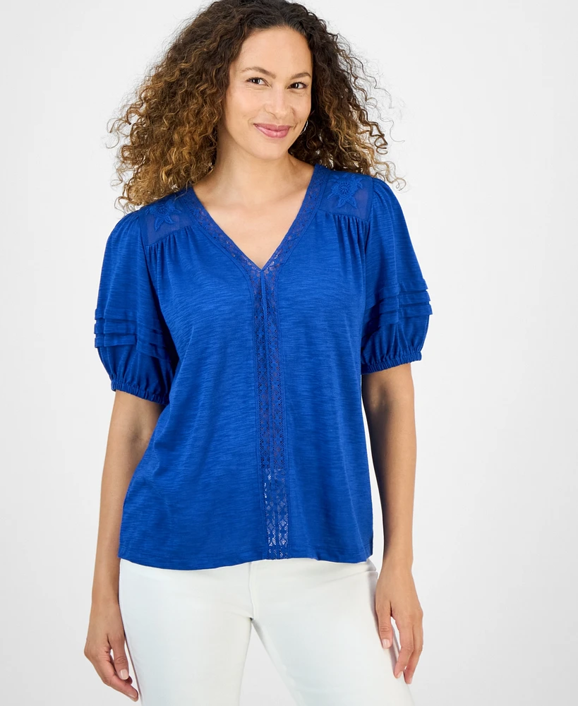 Style & Co Petite Mixed Trim Top, Exclusively at Macy's