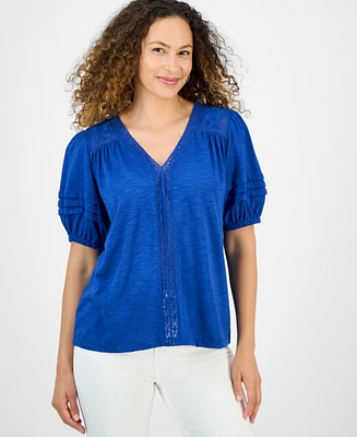 Style & Co Petite Mixed Trim Top, Exclusively at Macy's