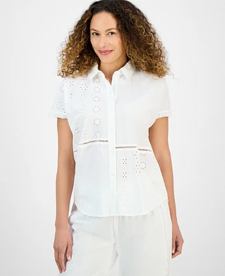 Style & Co Petite Eyelet-Detail Cotton Camp Shirt, Exclusively at Macy's