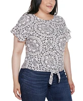 Belldini Plus Printed Eyelet Tie-Front Knit Top