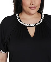 Belldini Plus Crochet-Trim Short Sleeve Knit Top
