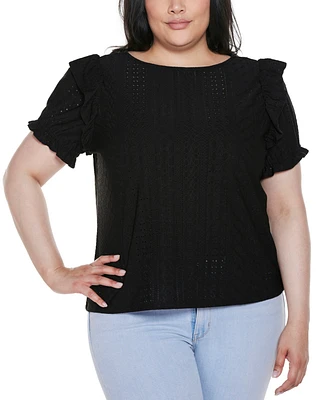 Belldini Plus Knit Eyelet Ruffle Sleeve Top