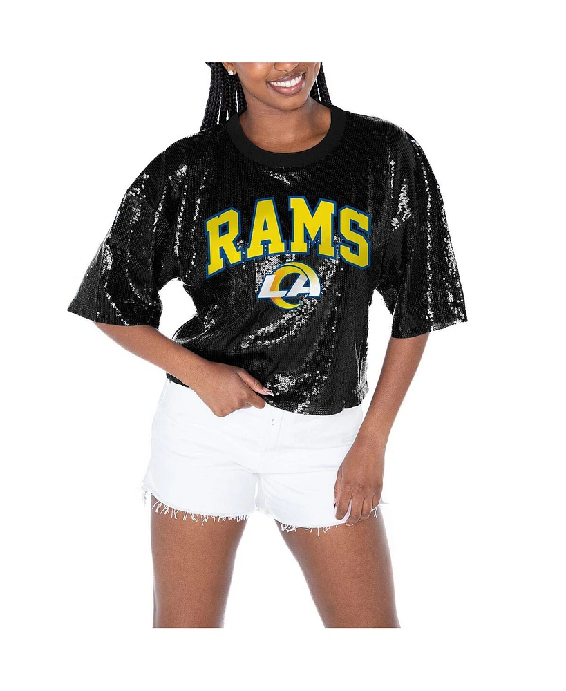 Gameday Couture Women's Black Los Angeles Rams Rise Up Sequin Cropped T-Shirt