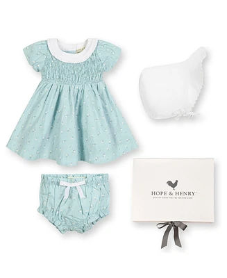 Hope & Henry Baby Short Sleeve Linen Dress with Ruffle Collar and Bonnet Boxed Gift Set