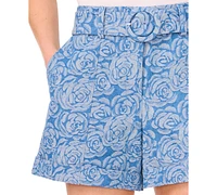 CeCe Women's Belted Floral Jacquard Denim Shorts